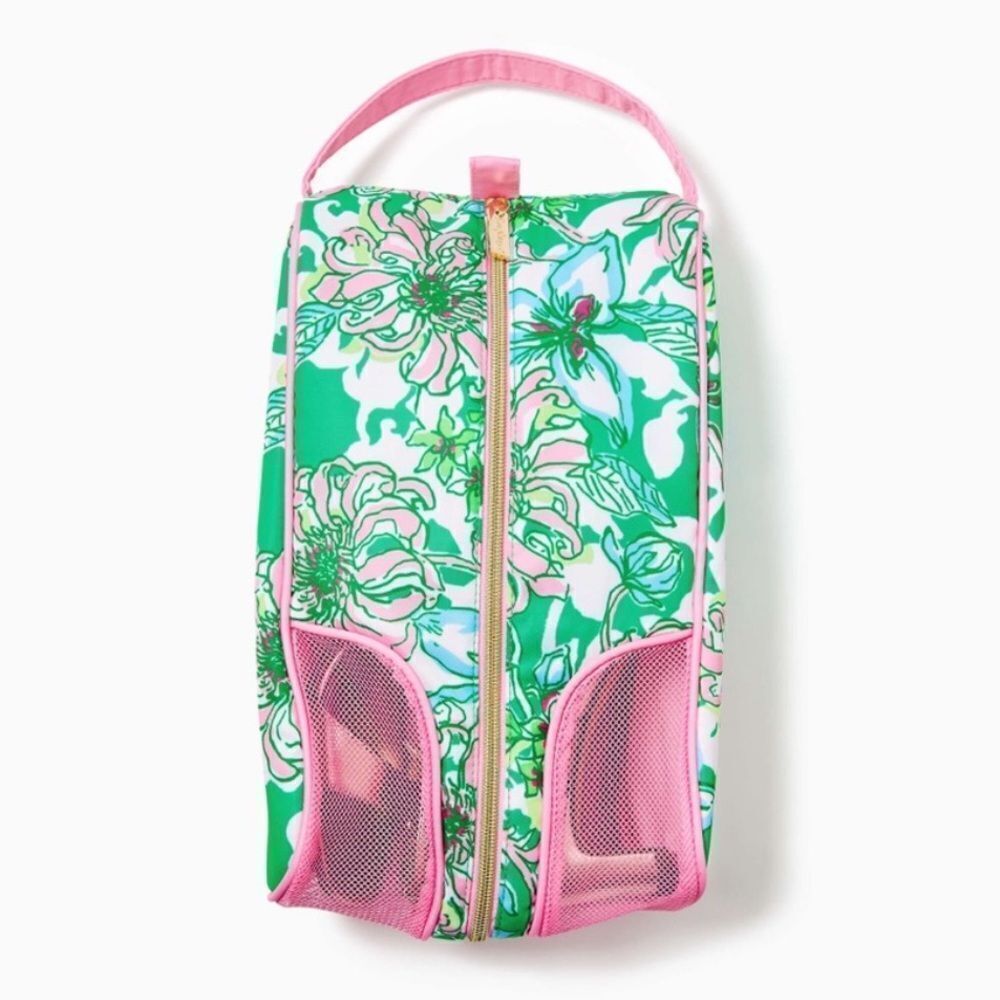 Lilly Pulitzer Floral Print Pink Accents Shoe Bag Spearmint Blossom Views GWP